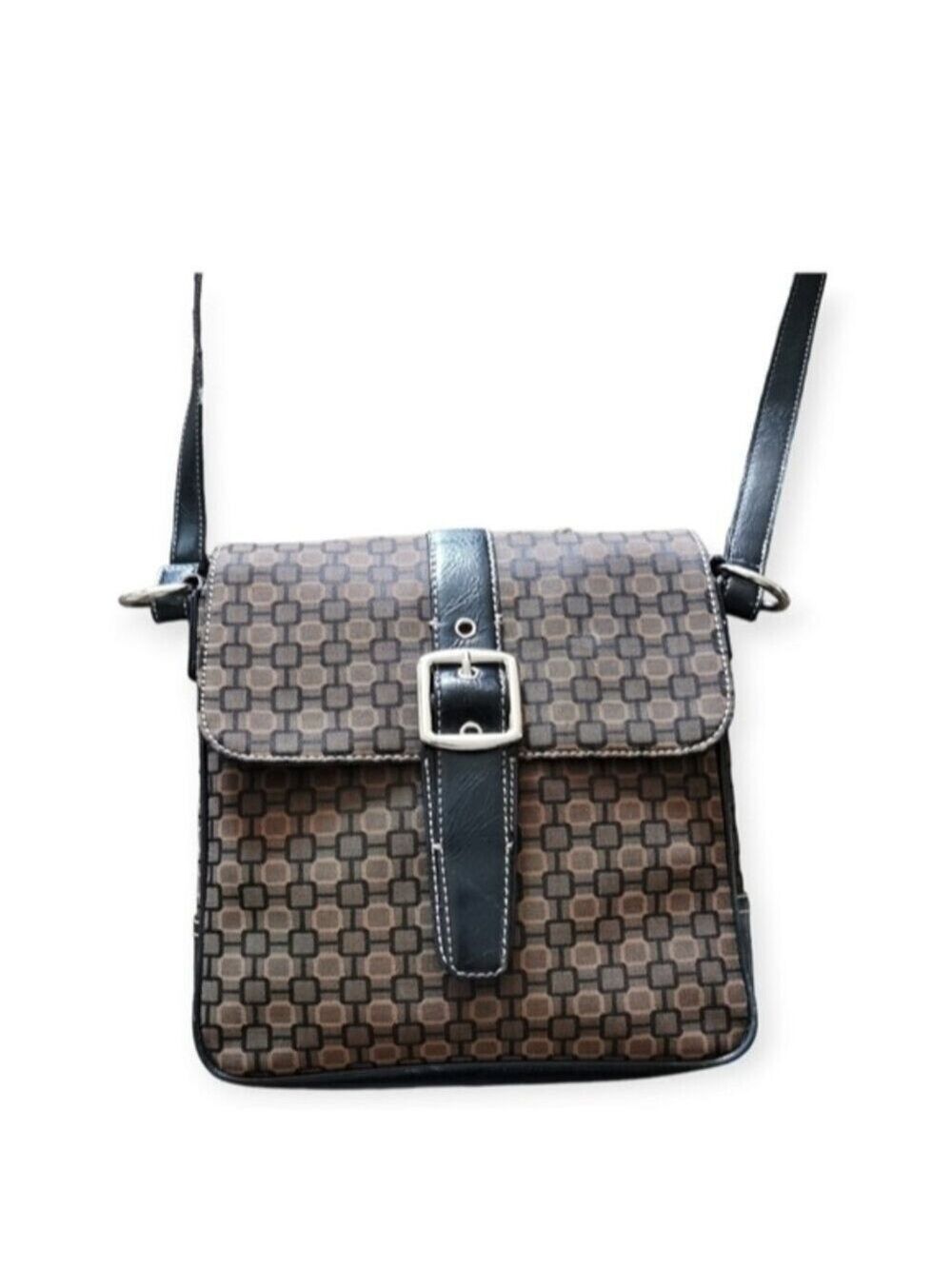 Nine West Brown Geometric Canvas Leather Messenger Crossbody Bag